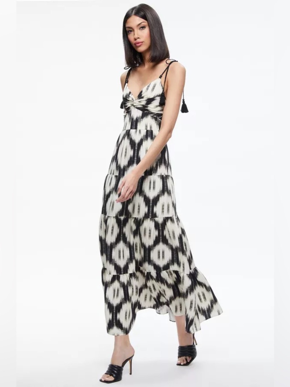 Alice + Olivia Black and White Ikat Tie-Shoulder Maxi Dress NWT